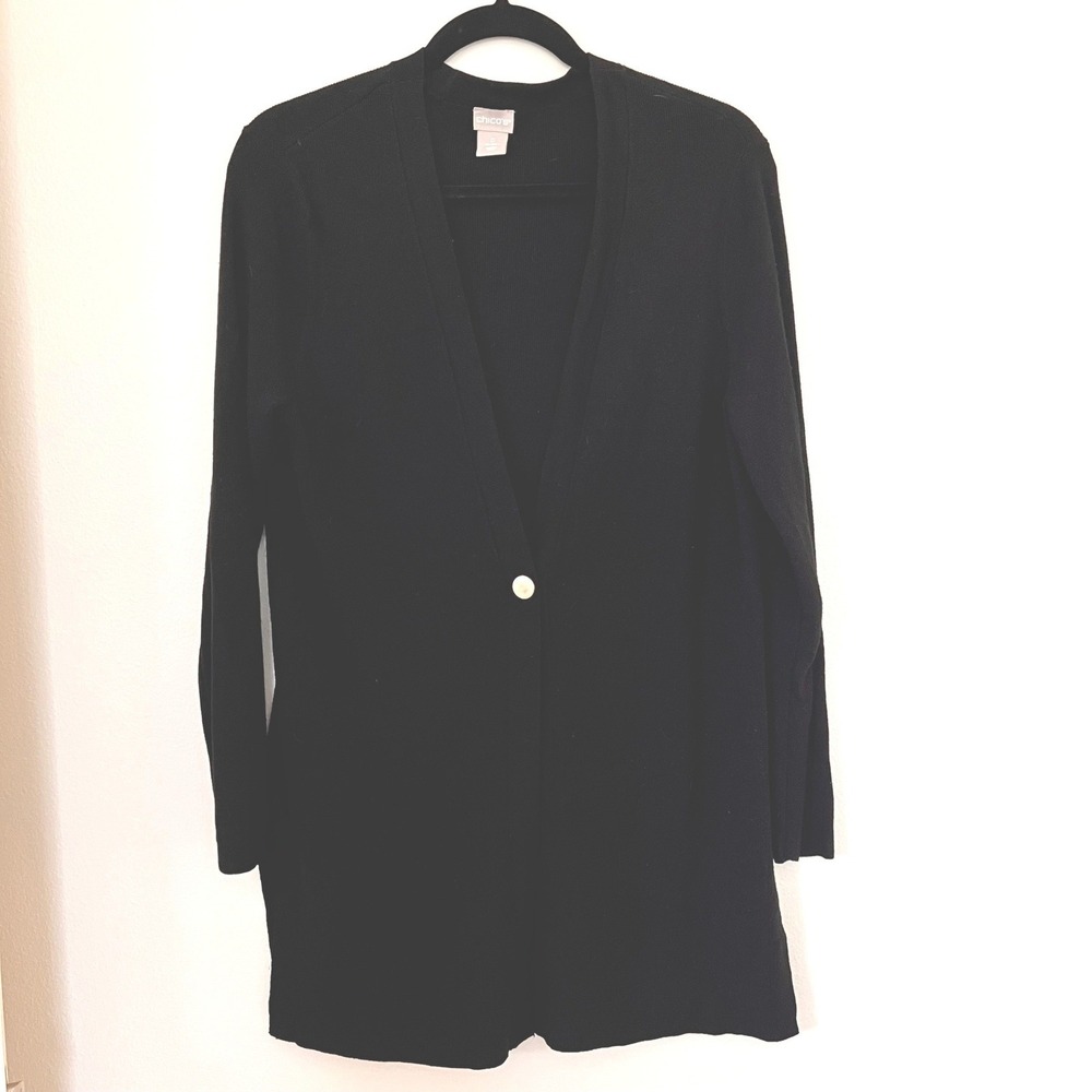 Chicos Black Ribbed‎ Longline Cardigan Sweater Gold Button Size 0 Office Capsule